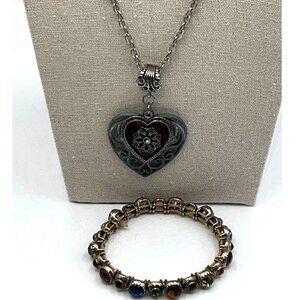 Vintage Heart Pendant Necklace & Multi-Color Faux Gem Bracelet Set